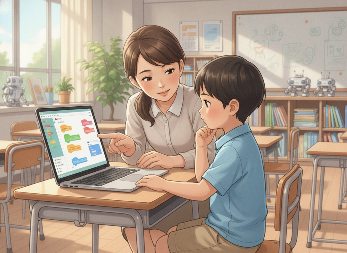 小学生がプログラミング教室でパソコンに向かって学習している様子