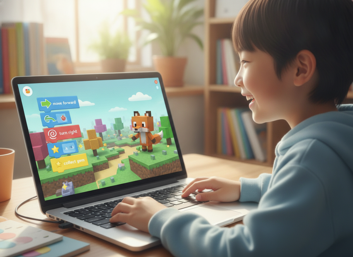子どもがマインクラフトやScratchなどのプログラミング教材を操作している様子