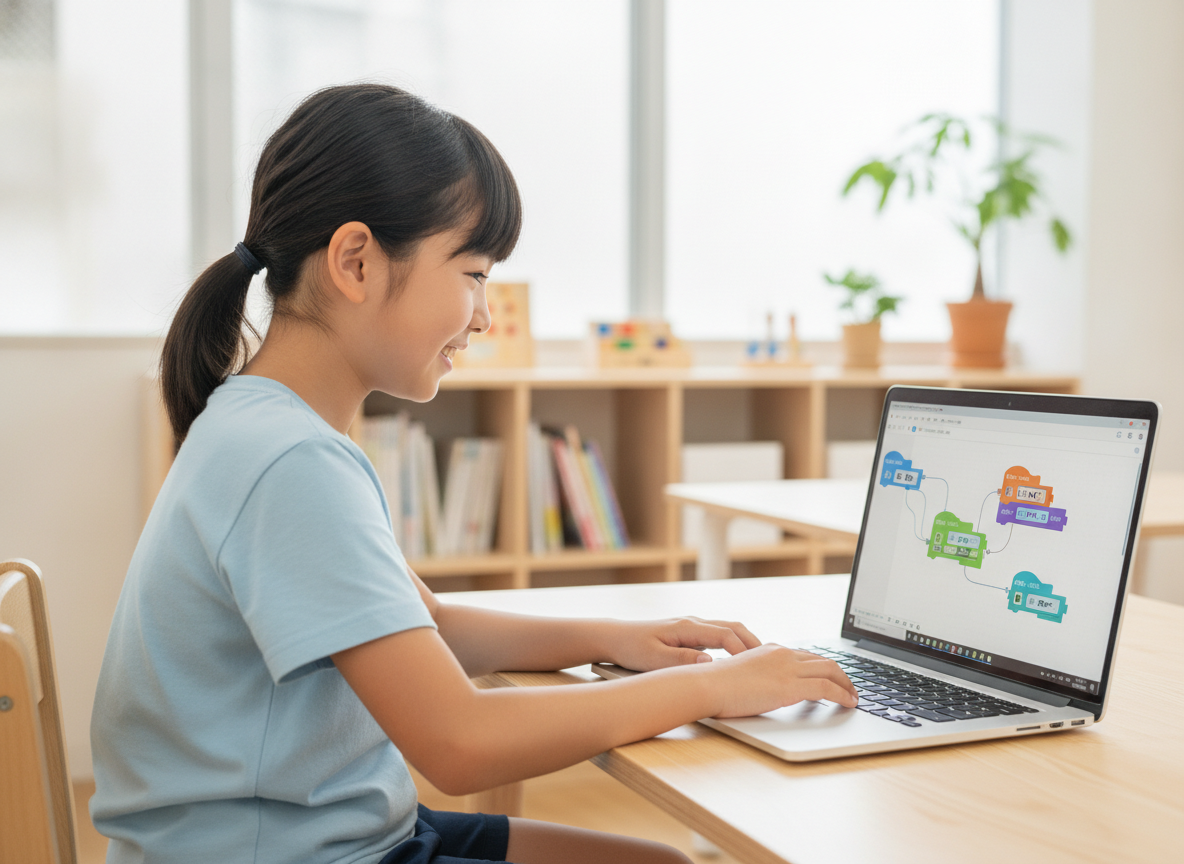 ノートパソコンでプログラミングを楽しむ小学生