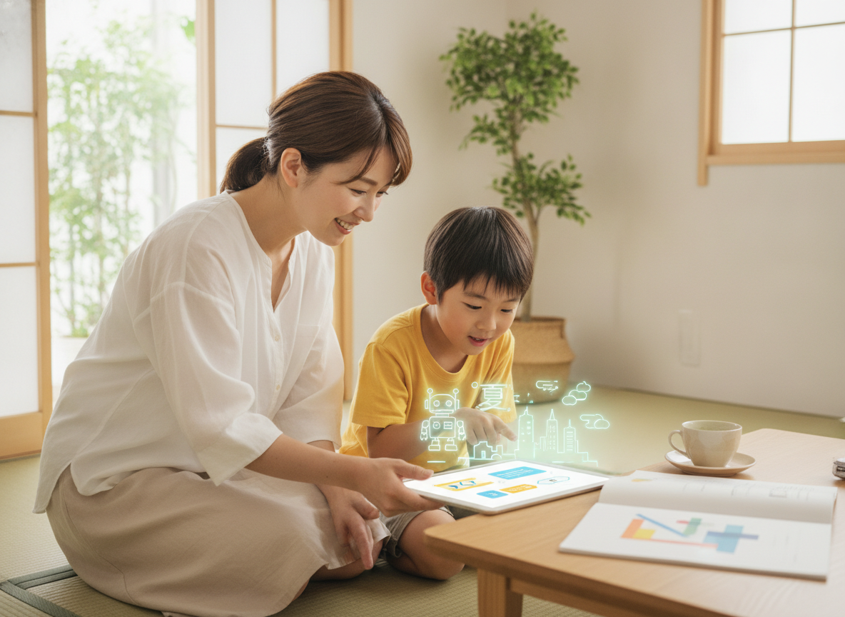 保護者と子どもが一緒にイベントを選んでいる様子