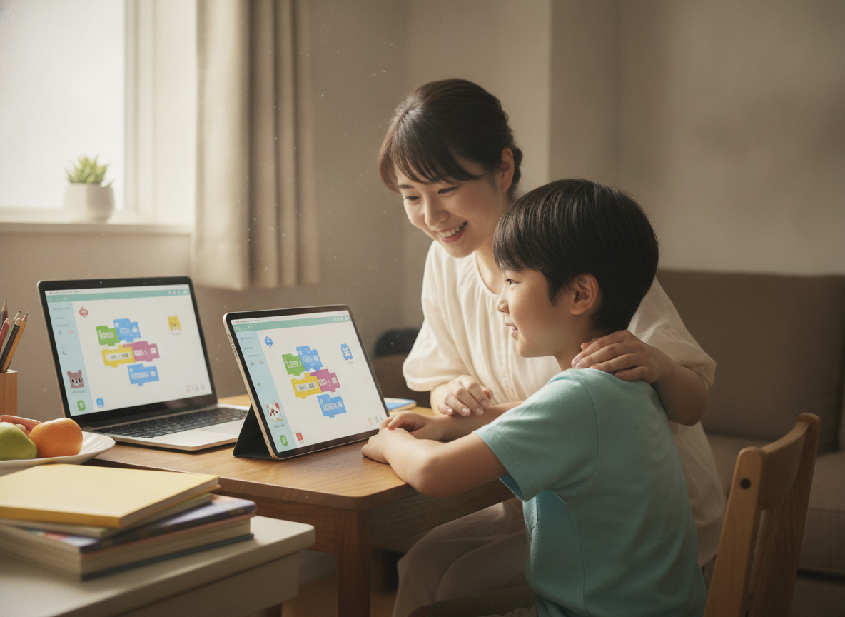 小学生がタブレットでScratchを使ってプログラミングに取り組んでいる様子