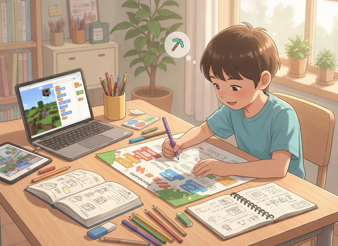 小学生が夏休みの自由研究のまとめシートを作成している様子