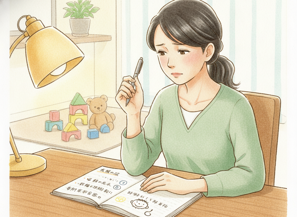 子どもの様子をノートに記録する保護者のイラスト