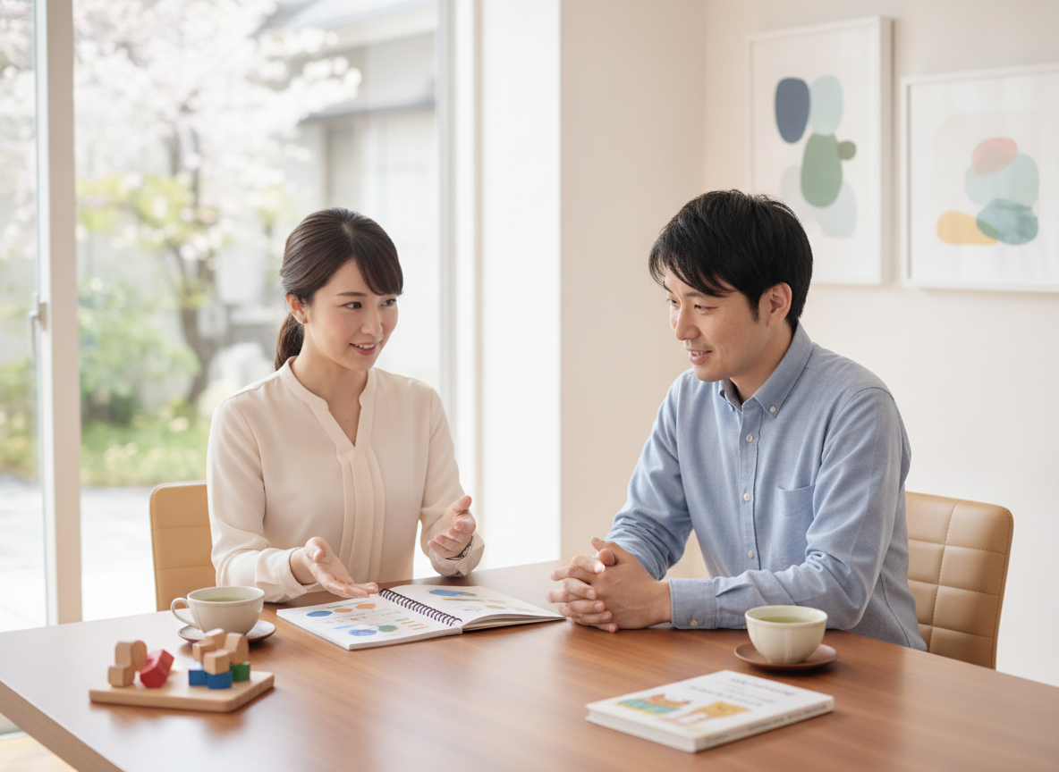 相談支援専門員と保護者が面談しているイラスト
