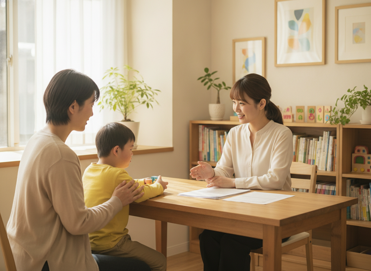相談支援事業所で担当者と話し合う保護者と子どものイメージ