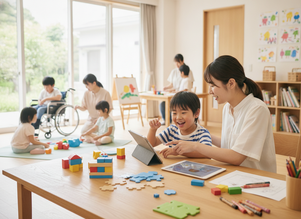 支援者と一緒に活動に取り組む障がいのある子どもの様子