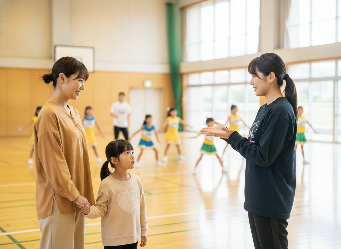 チアダンススクールを見学する親子