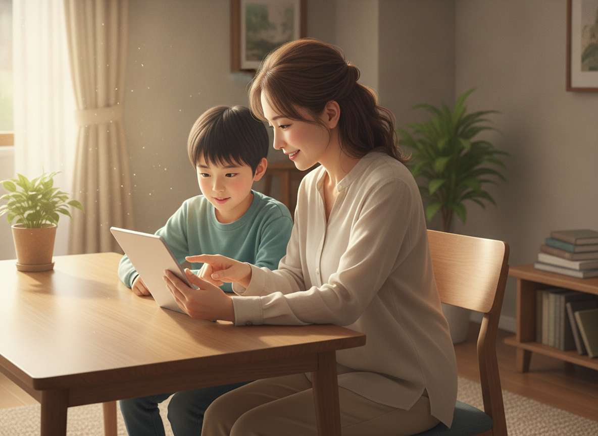 自宅で子どもに寄り添う保護者のイメージ
