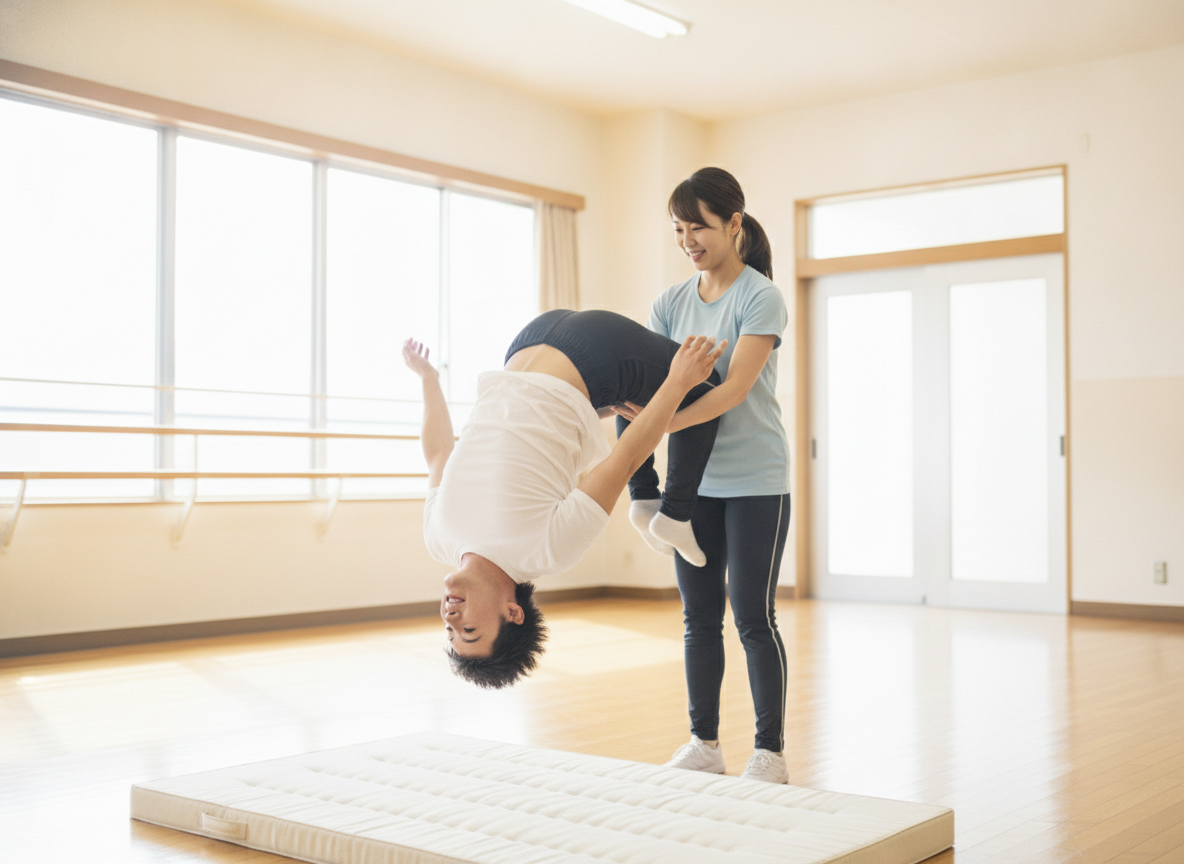 インストラクターが大人の受講者にマンツーマンでバク転の補助指導をしている様子