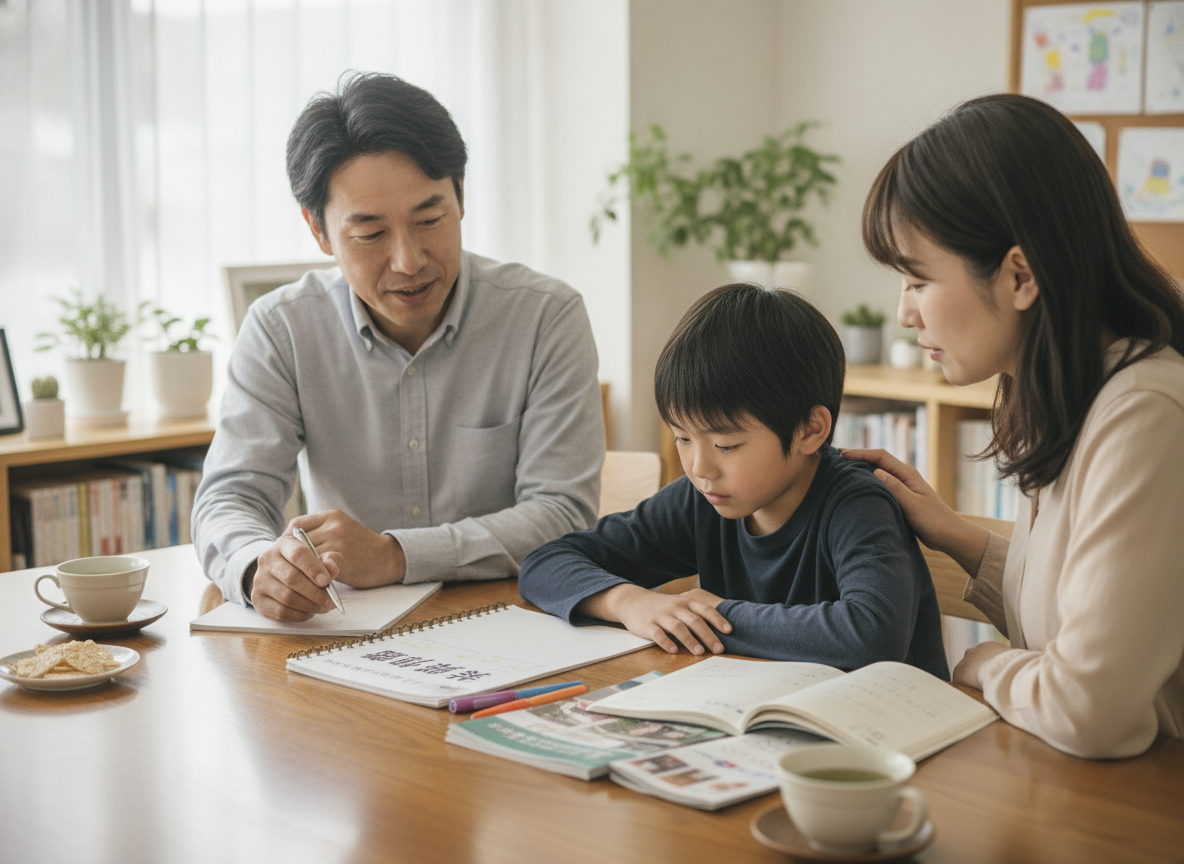 相談支援専門員と保護者が支援計画を確認しているイメージ