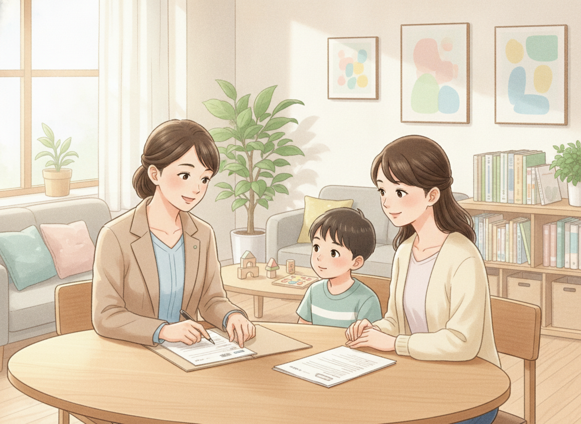相談支援専門員が保護者と子どもに障害児支援利用計画について説明している様子