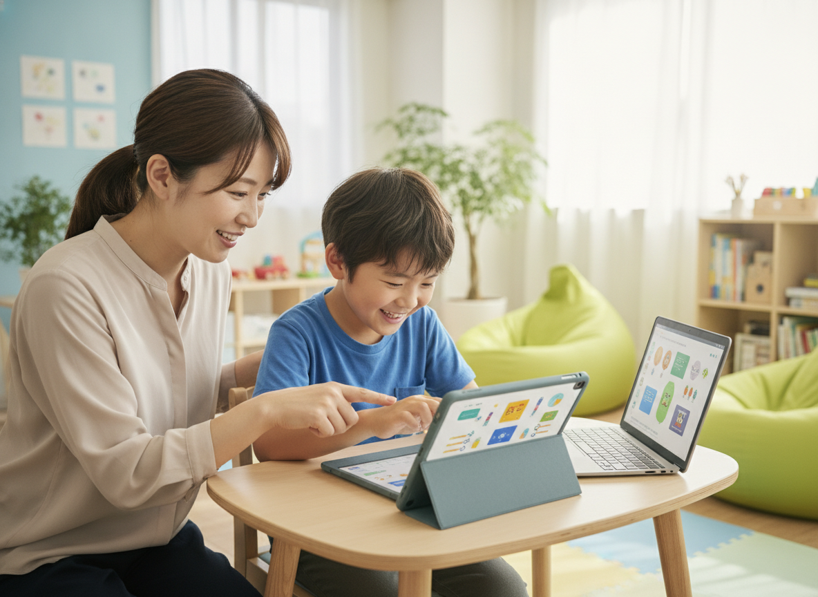 IT教育の環境で学ぶ子どもとサポートする大人
