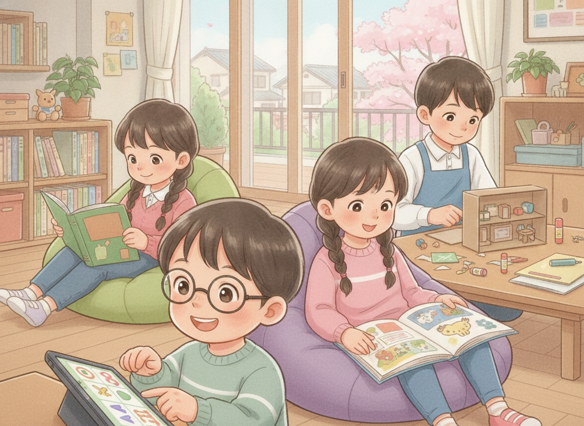 未就学児から高校生まで多様な学び方に取り組む子どもたちのイラスト