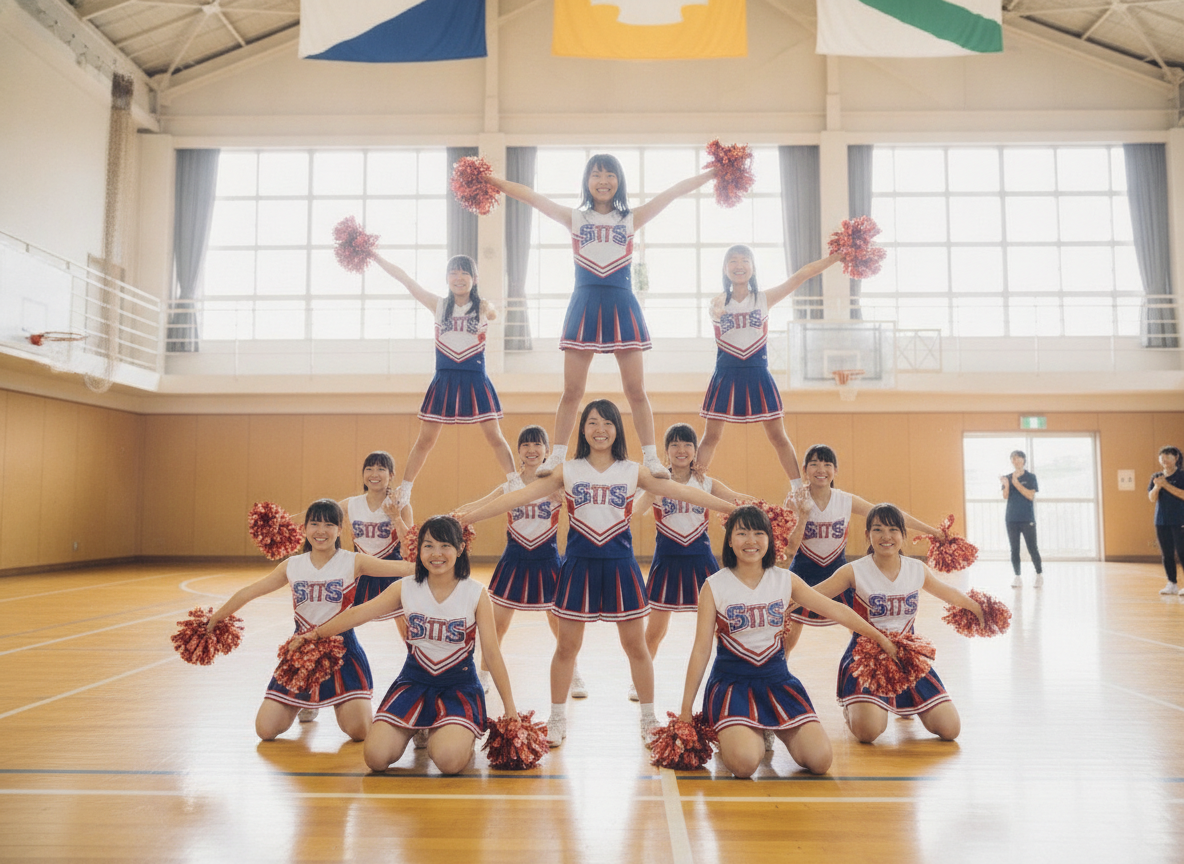 体育館でフォーメーションを組んで練習する高校生チアダンスチーム