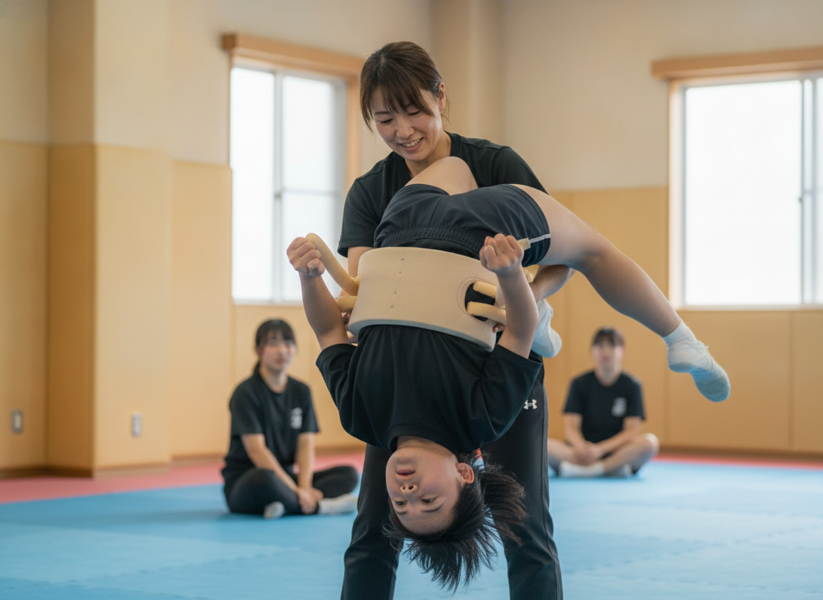 コーチの補助を受けながらバク転を練習する中学生