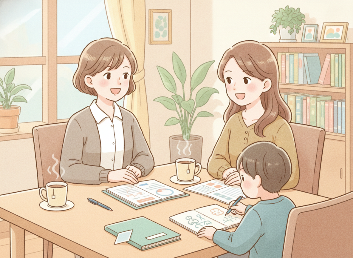 相談支援専門員と保護者が障害児支援利用計画について話し合っている様子のイラスト
