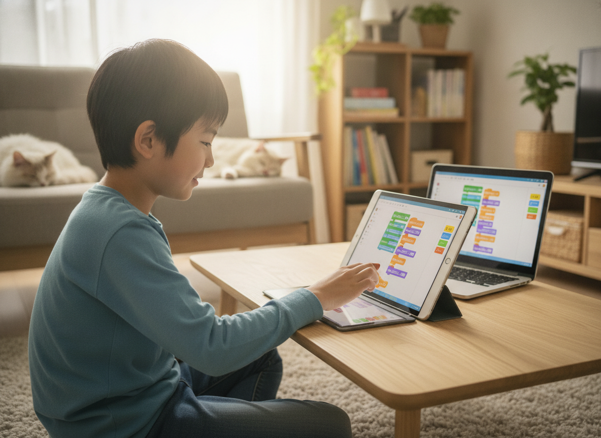 自宅でプログラミング学習に取り組む小学生