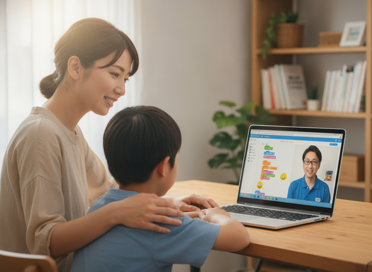 プログラミングスクールの体験授業を受ける親子