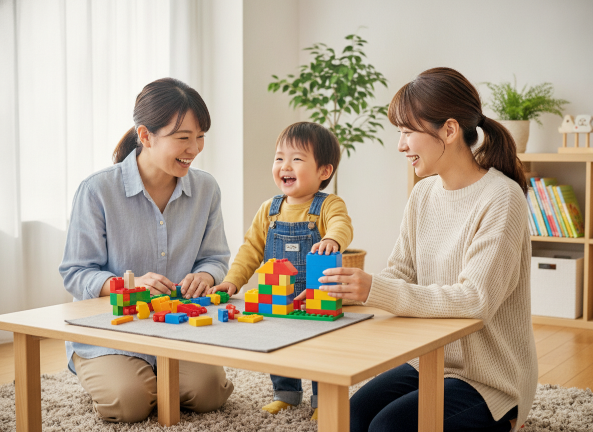 先生と一緒にブロック製作に取り組む幼児と保護者