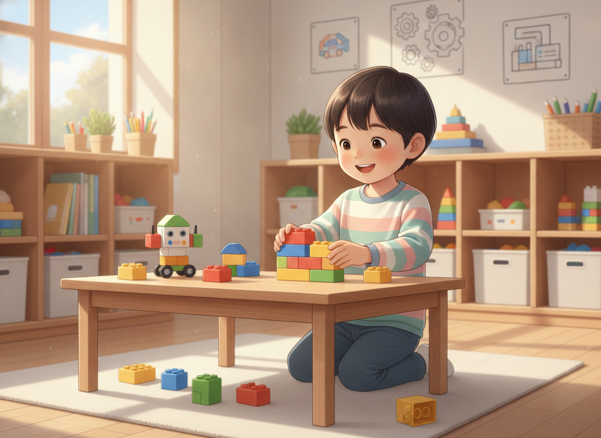 幼児がカラフルなブロックを使ってプログラミング学習に取り組んでいる様子