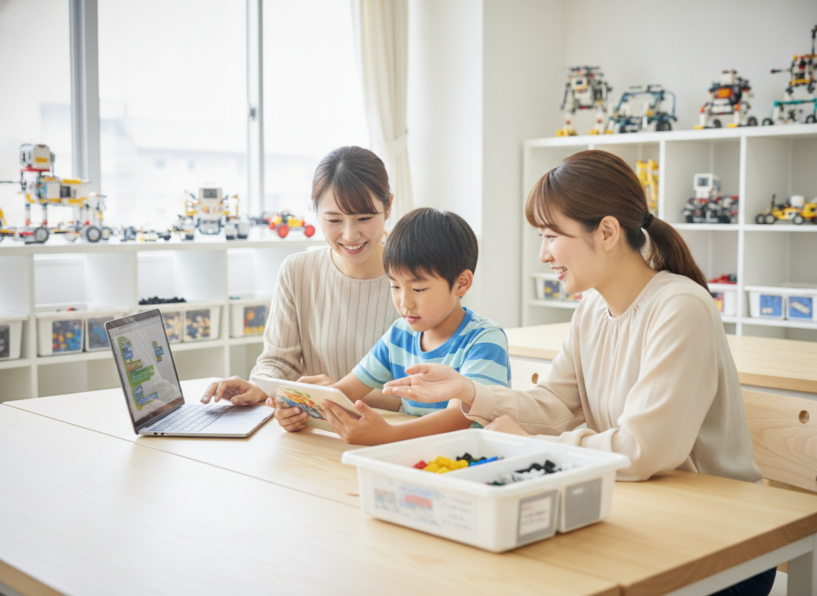 小学生の子どもと保護者が一緒にプログラミング体験授業を受けている様子