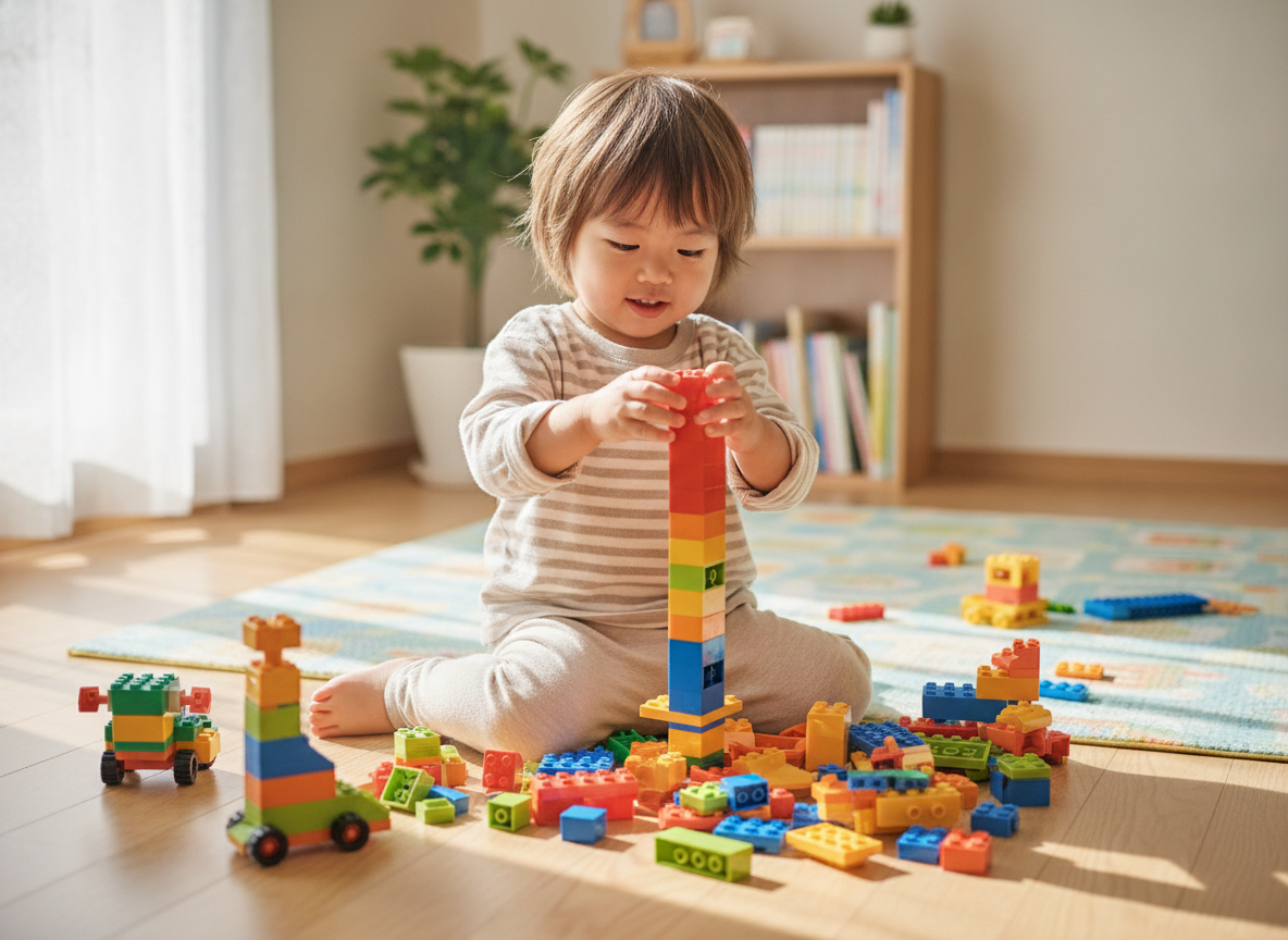 幼児がカラフルなレゴブロックで遊んでいる様子