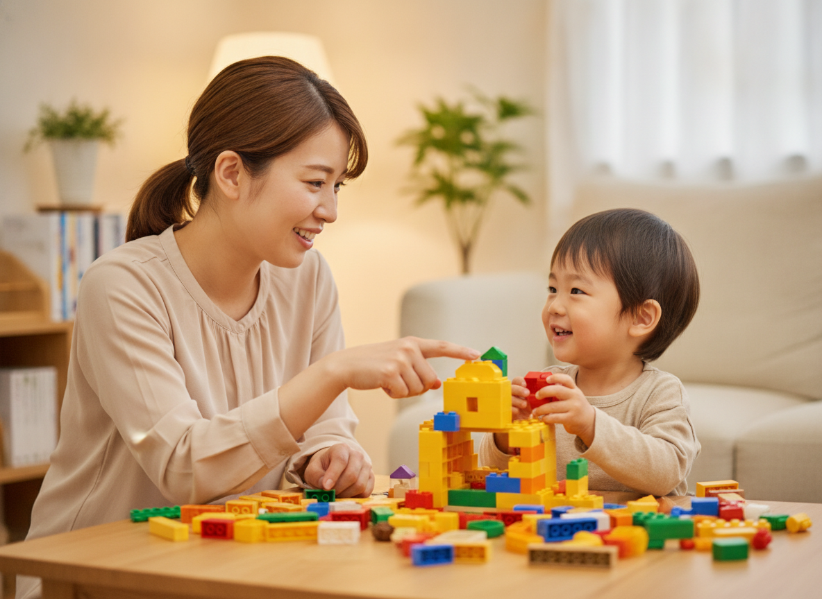 母親と幼児が一緒にレゴブロックで遊んでいる様子