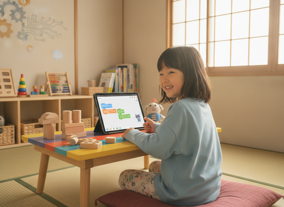 タブレットでビジュアルプログラミングに楽しそうに取り組む幼児