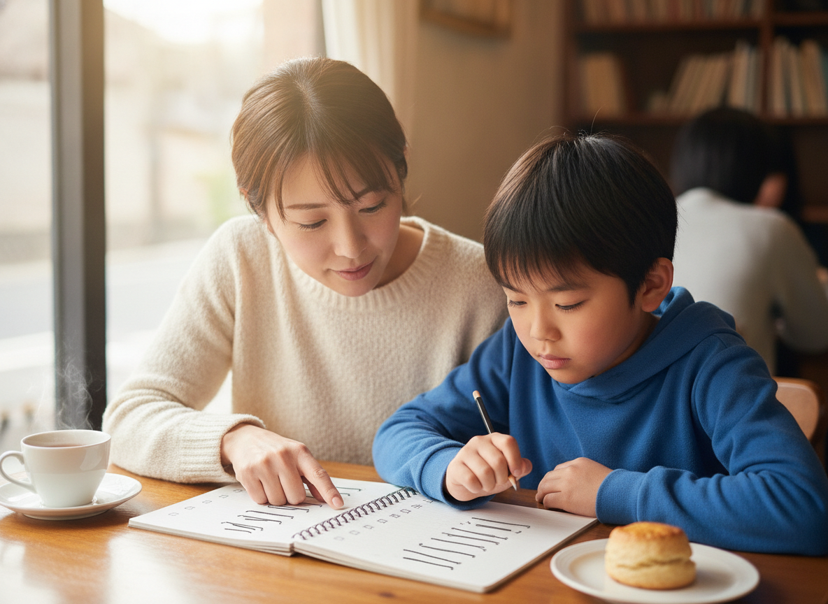 スクール選びのポイントをチェックリストで確認する保護者と子ども