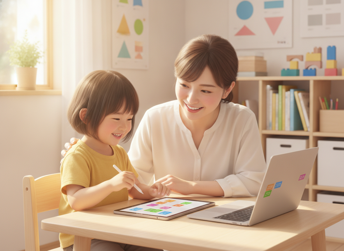 幼児がタブレットでプログラミング学習に取り組む様子