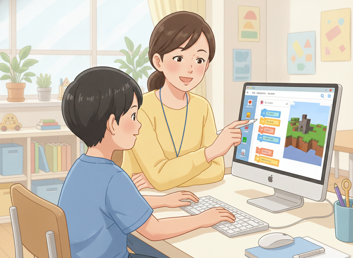 個別指導でプログラミングを学ぶ小学生と講師