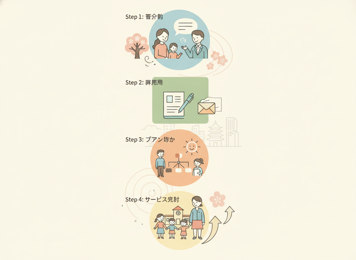 相談支援事業所を利用するまでの4ステップのイメージ図