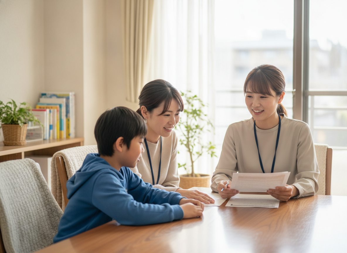 相談支援専門員が保護者と子どもに障害児支援利用計画について説明している様子