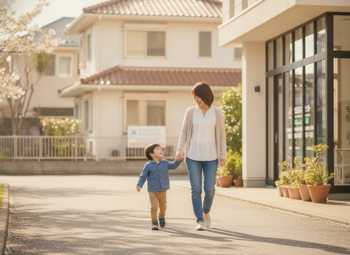さいたま市で相談支援事業所に向かう母親と子どものイメージ