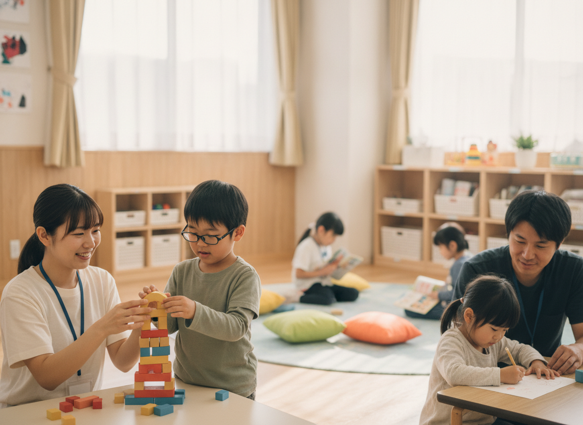 放課後等デイサービスで活動する子どもとスタッフのイメージ