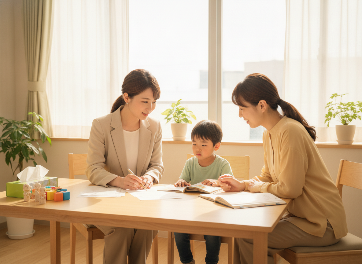 相談支援事業所で専門家と保護者が話し合っている様子