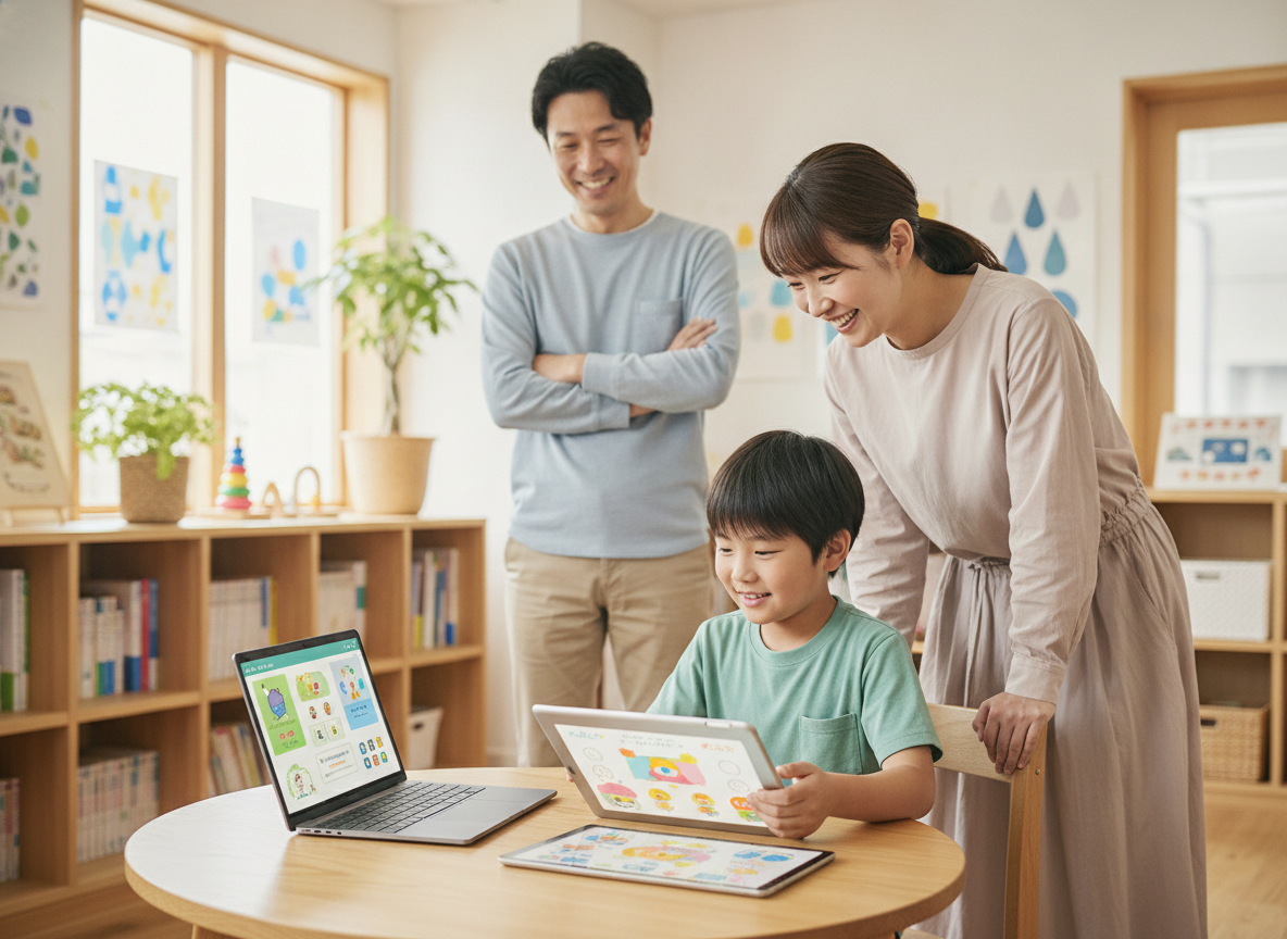 タブレットを使って学ぶ子どもと支援者