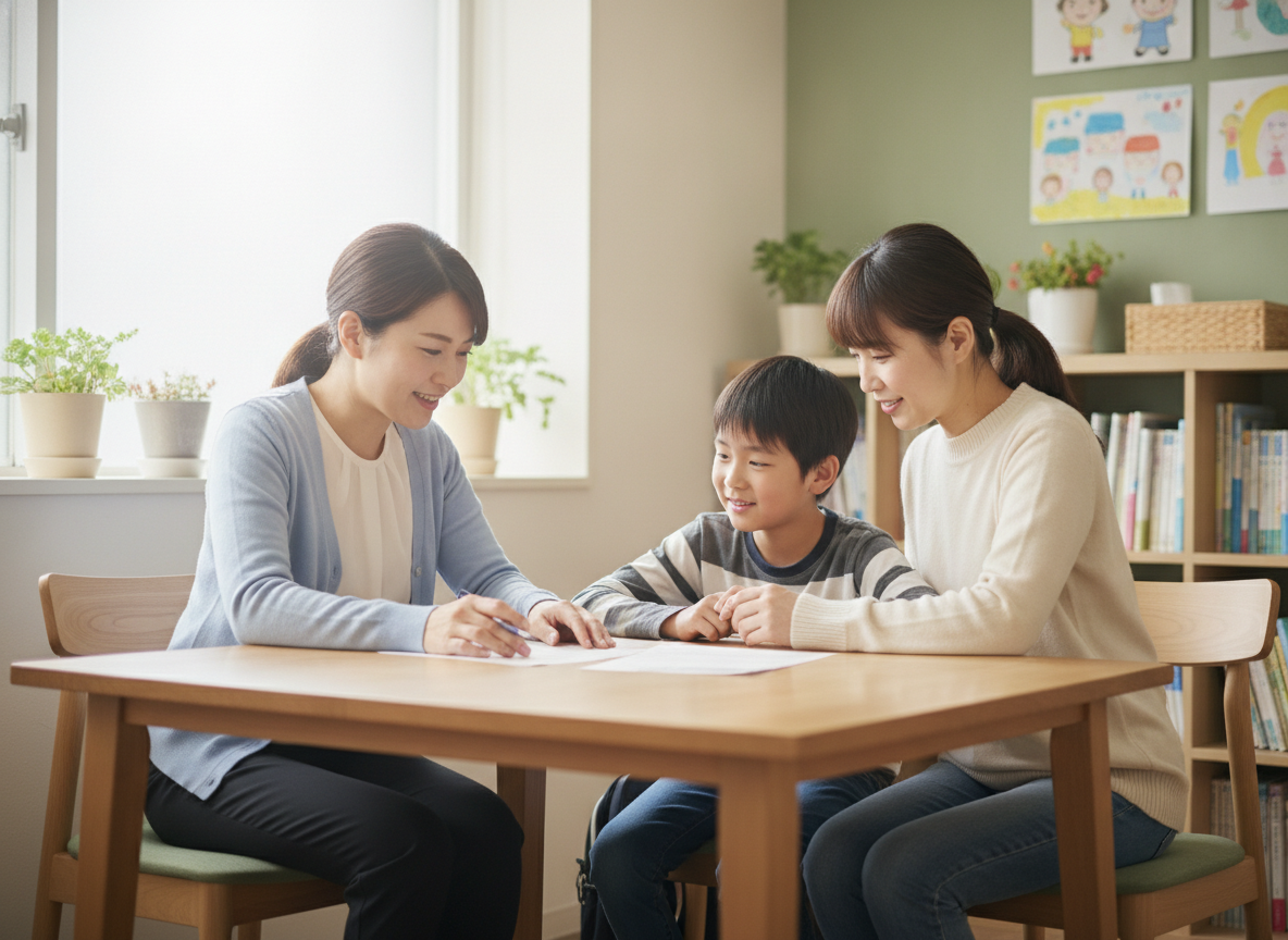 相談支援事業所で保護者と子どもが相談員と話し合っている様子