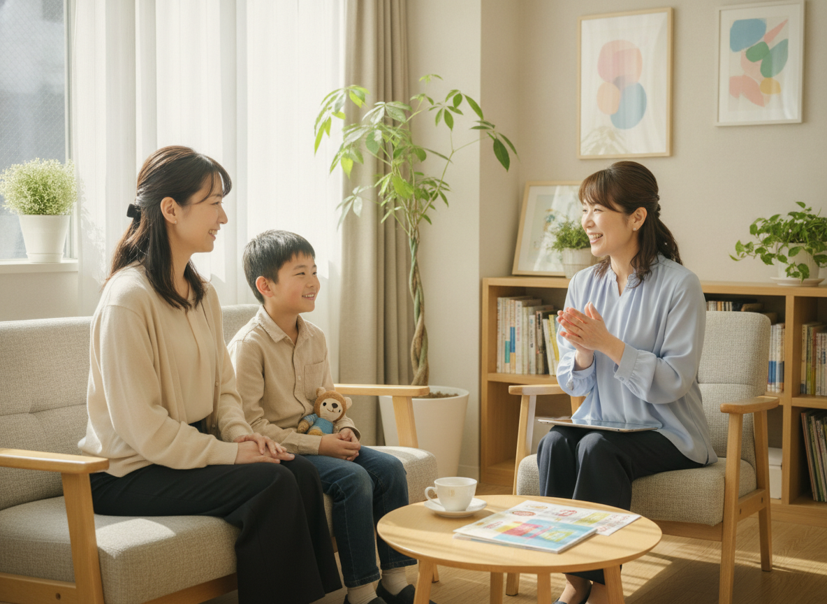相談窓口で専門家と話す母親と子どものイメージ
