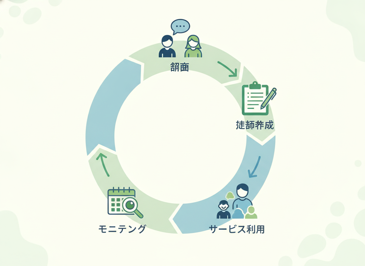 障害児支援利用計画の作成からモニタリングまでの流れを示すフローチャート