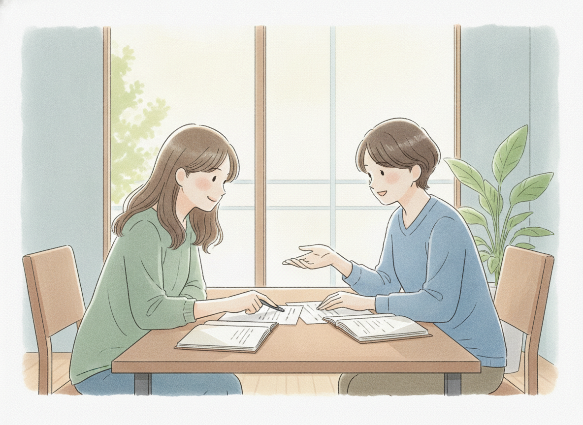 障害児支援利用計画について担当者と確認する保護者のイメージ