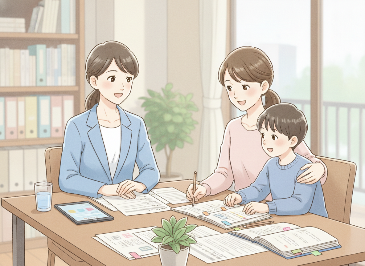 相談支援事業所で担当者と保護者が面談しているイラスト