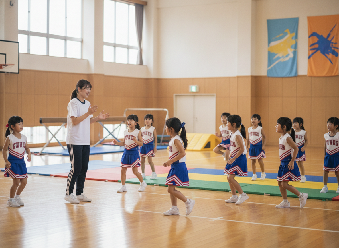 チアダンスの練習でコーチが子どもたちに指導している様子