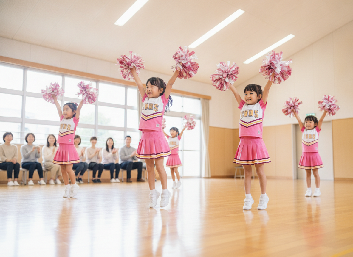 埼玉の体育館でチアダンスの練習をする子どもたち