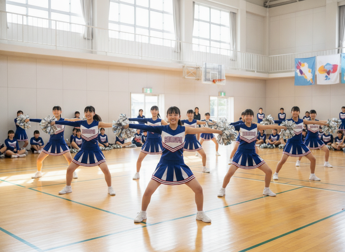 中高一貫校のチアダンス部が体育館で練習している様子