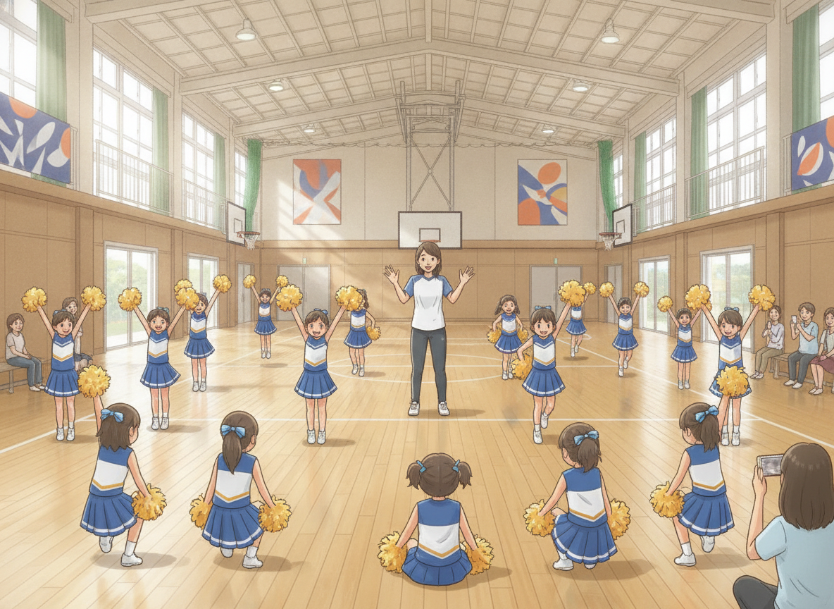 チアダンスの練習をする子どもたちと指導者