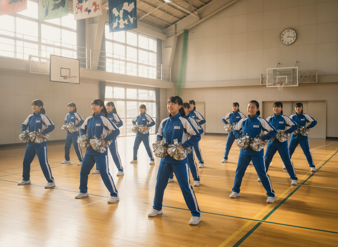 中高一貫校の体育館でチアダンスの練習をする生徒たち