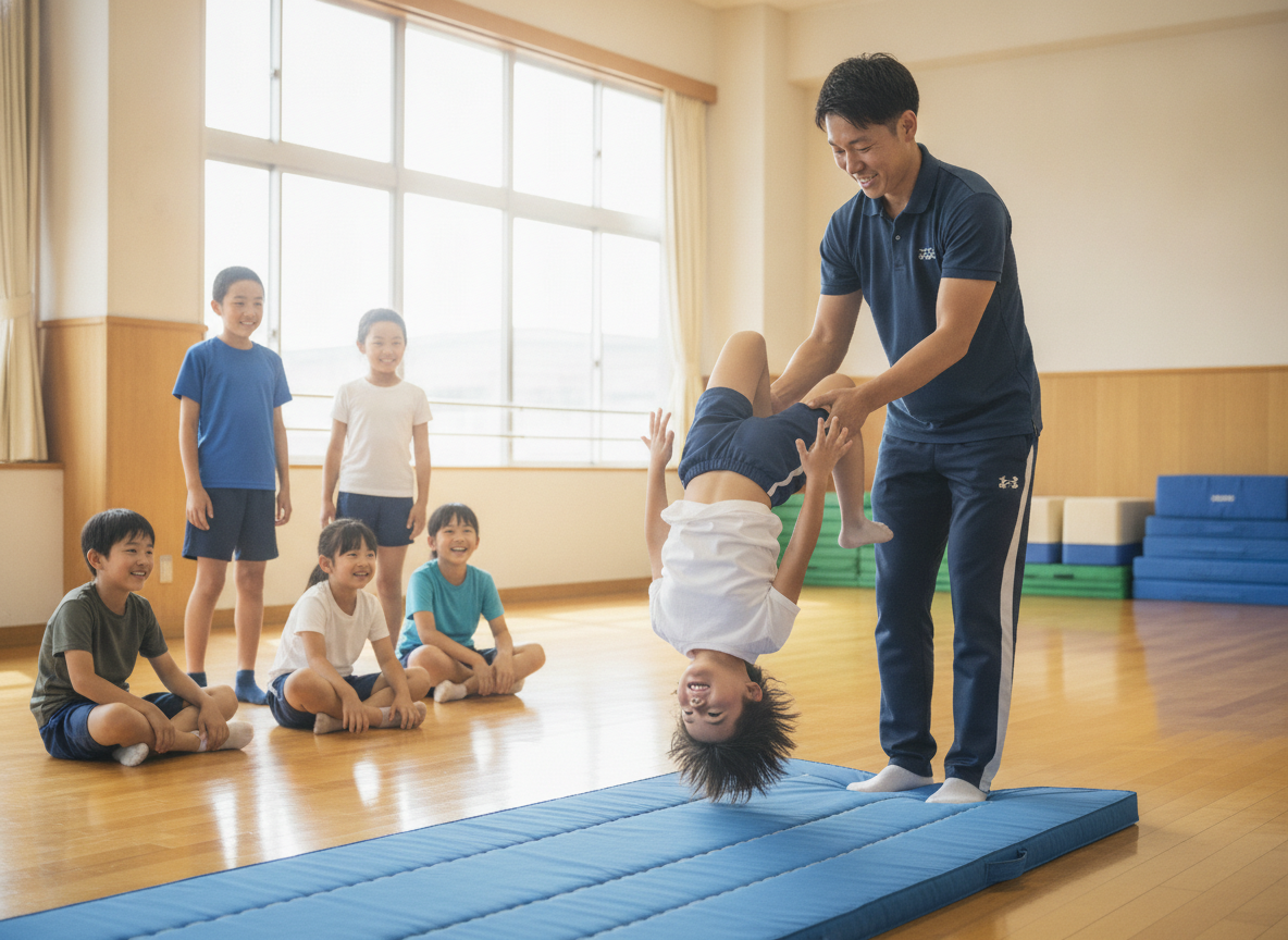 コーチの補助のもとアクロバット技術を練習する子ども