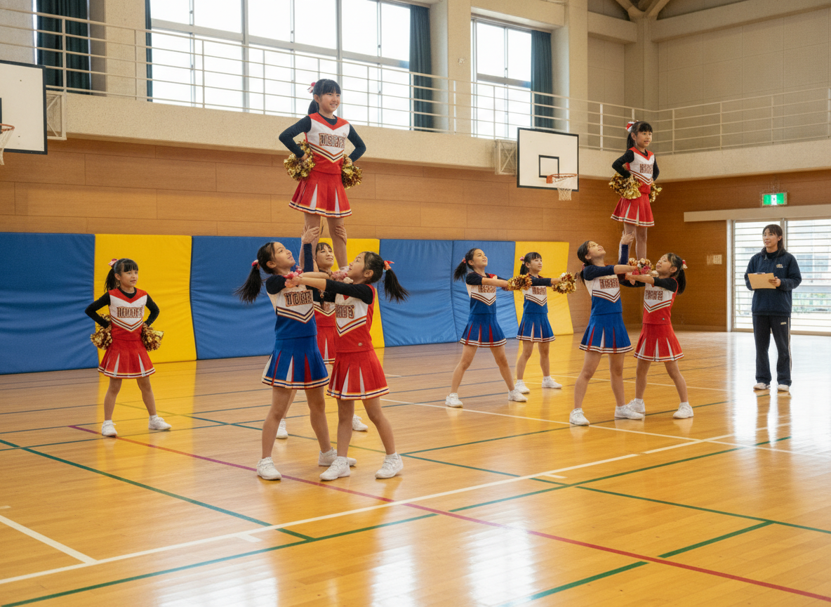 体育館でフォーメーション練習をするチアダンスチームの子どもたち