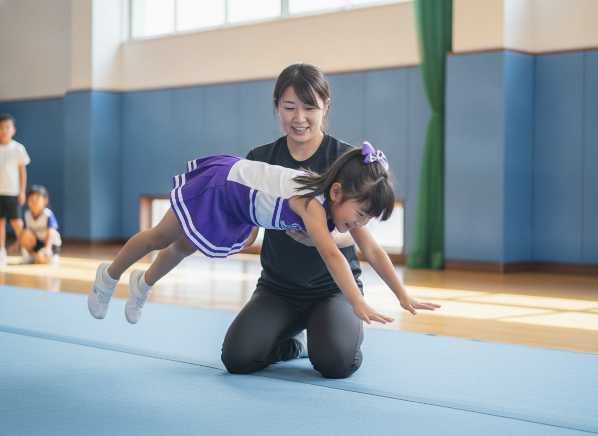 コーチの補助を受けながらバク転の練習をする子ども